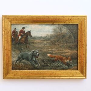 Vintage inspired Hunting Scene Framed Art print Gold Frame 5x7 Pit Bull Terrier